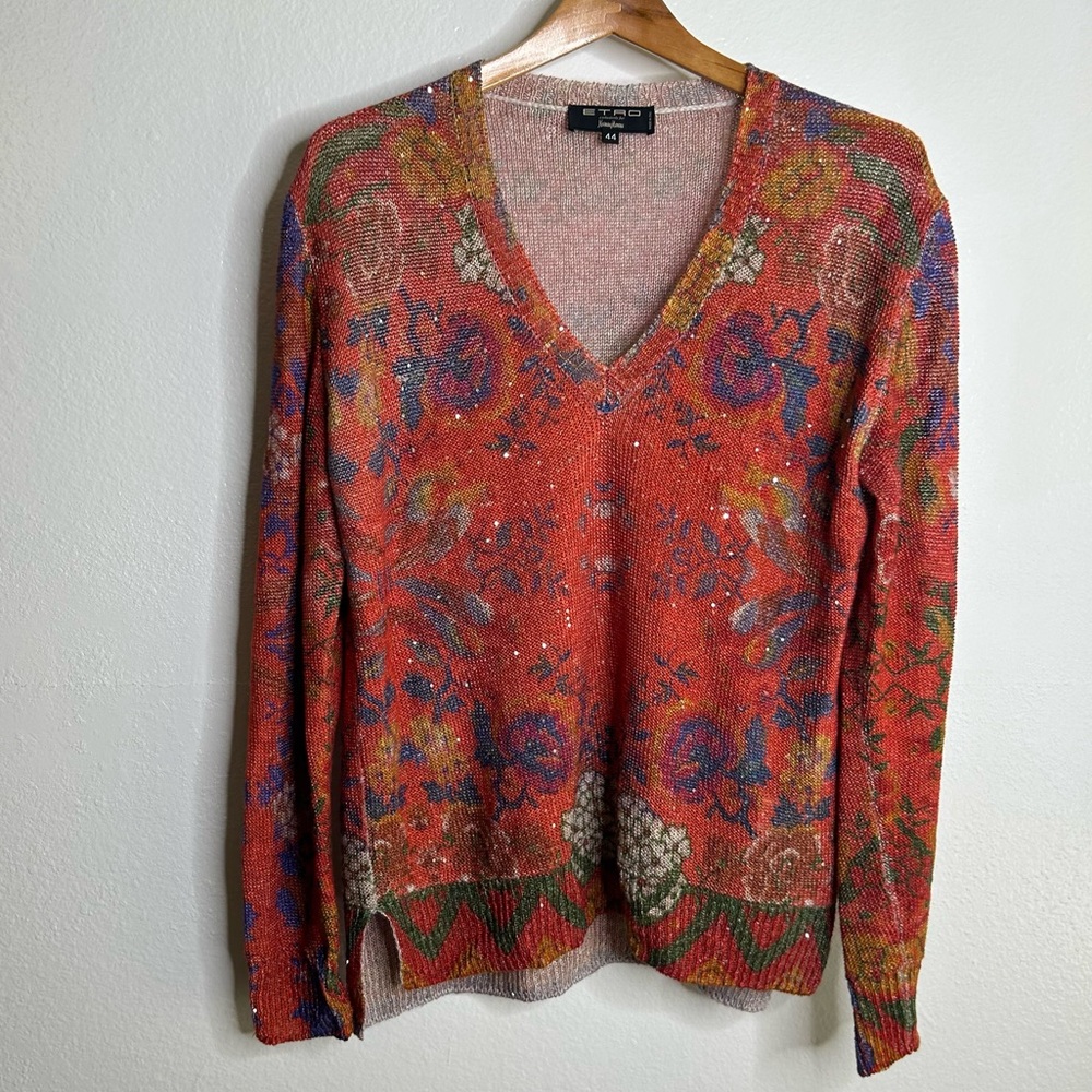 Etro 100% Linen Red Multicolor Floral Paisley Knit Pullover Sweater 44/ M - Picture 3 of 16